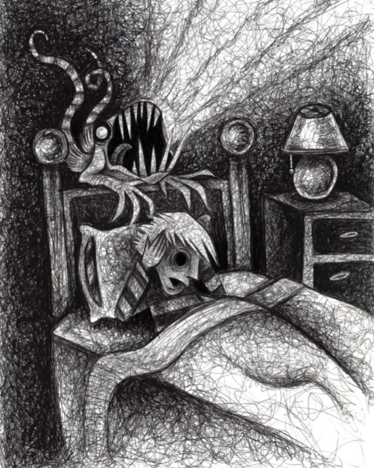 A toothy creature with striped horns rises behind a frightened child in bed