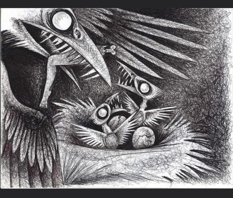 A skeletal bird with a toothed beak watches hatchlings in a nest