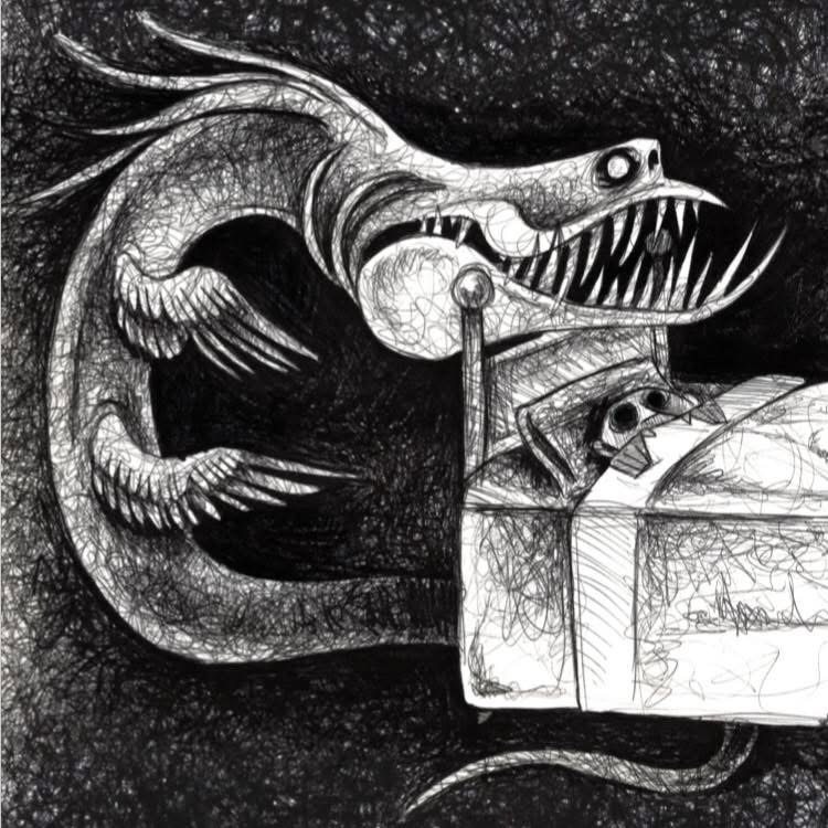 A winged dragon looms over a box with small eyes peeking out