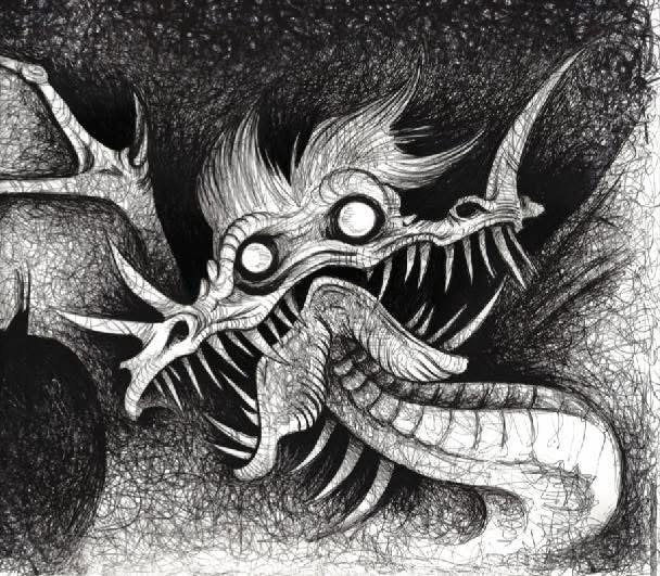 A snarling dragon head with a long tongue and rows of needle teeth