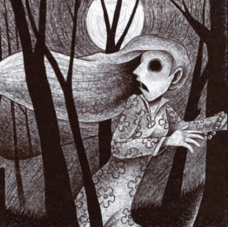 A pale girl with streaming hair runs through dark trees under a full moon