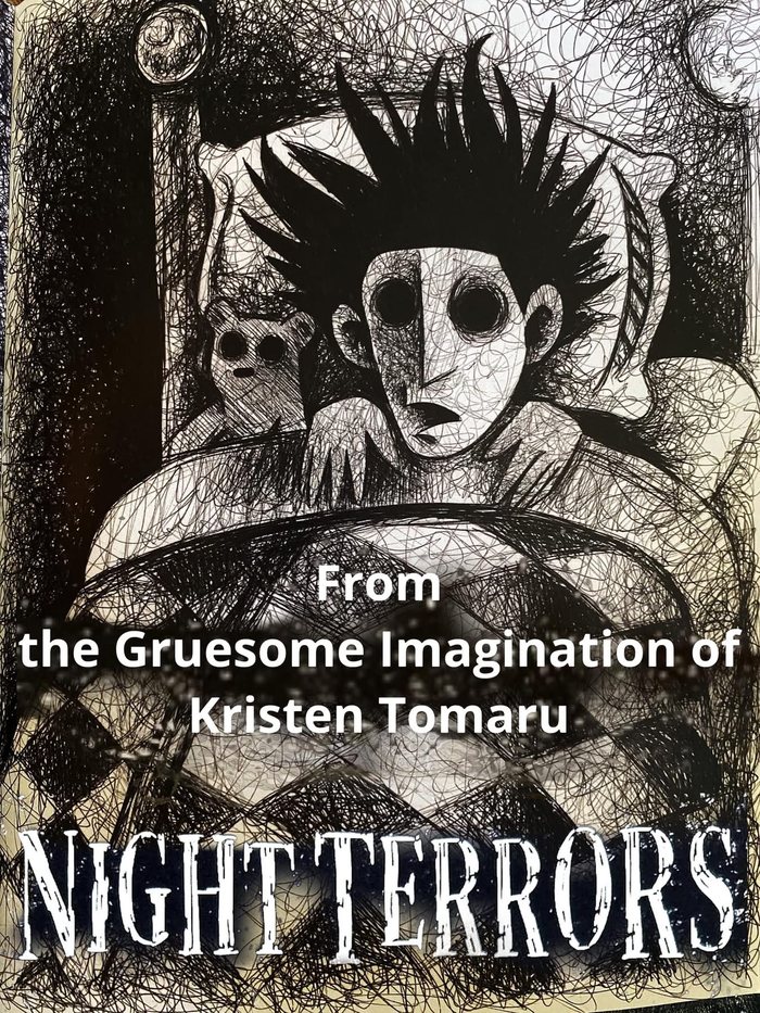 Night Terrors poster: a wide-eyed child with spiky hair clutching a teddy bear in bed