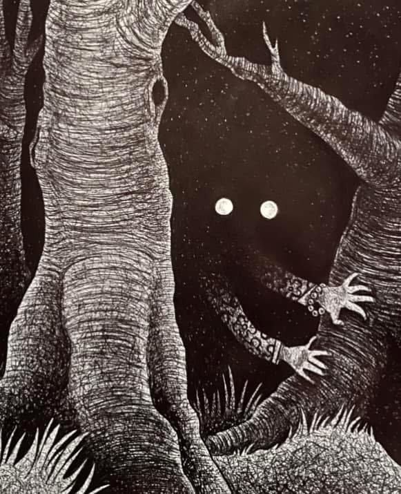 Two glowing eyes and grasping hands peer out from between gnarled trees