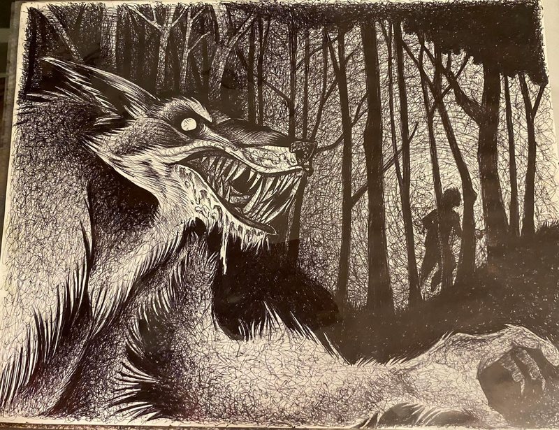 A grinning werewolf in a dark forest while two figures flee between the trees